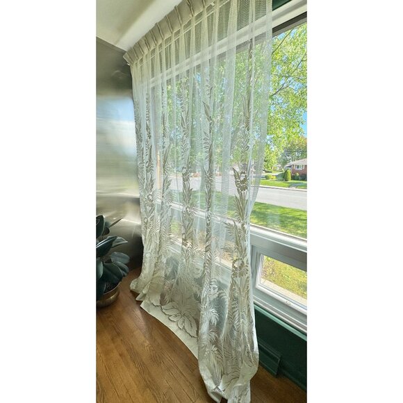 Vintage 70s pleated curtain, cream off-white mesh, floral tropical, for each - Picture 3 of 10